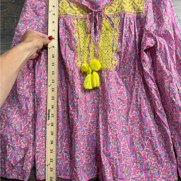 J. Crew Pink and Yellow Blouse with Flutter Sleeves and Tie Front - Picture 3 of 4